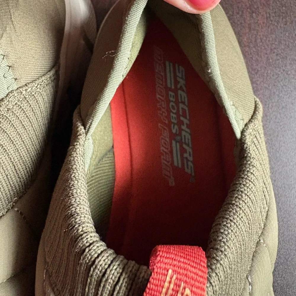Skechers Olive Green Quilted Slip-On Athletic Shoes with Red Pull Tab